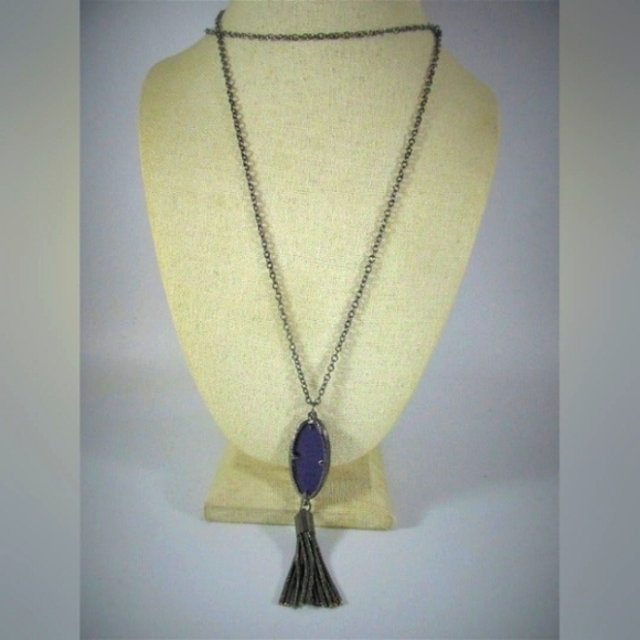 Hand Crafted Jewelry - Purple oval stone Fringe Pendant Gun Metal Necklace